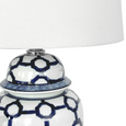 Winton jar shaped table lamp in blue and white ceramic with white shade, small decorative table lamp top of the base detail