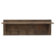 Rustic wooden wall shelf with five metal hooks, shown against a white background