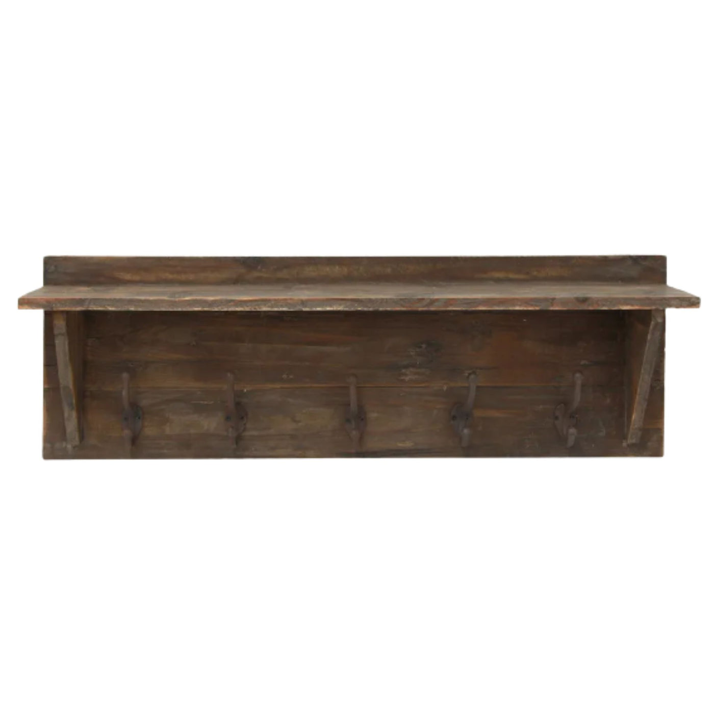 Rustic wooden wall shelf with five metal hooks, shown against a white background