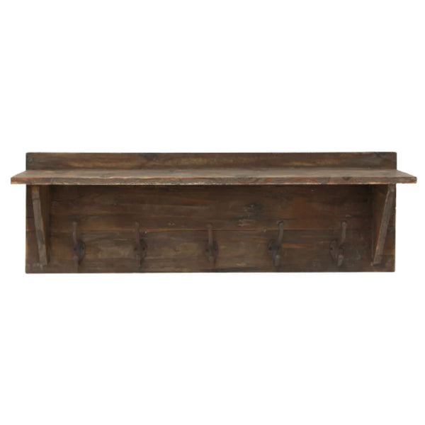 Rustic wooden wall shelf with five metal hooks, shown against a white background
