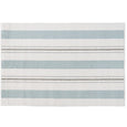 Woven Stripe Non-Slip Door Mat 60x90cm in ivory with blue and grey stripes on a timber floor.