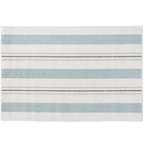 Woven Stripe Non-Slip Door Mat 60x90cm in ivory with blue and grey stripes on a timber floor.