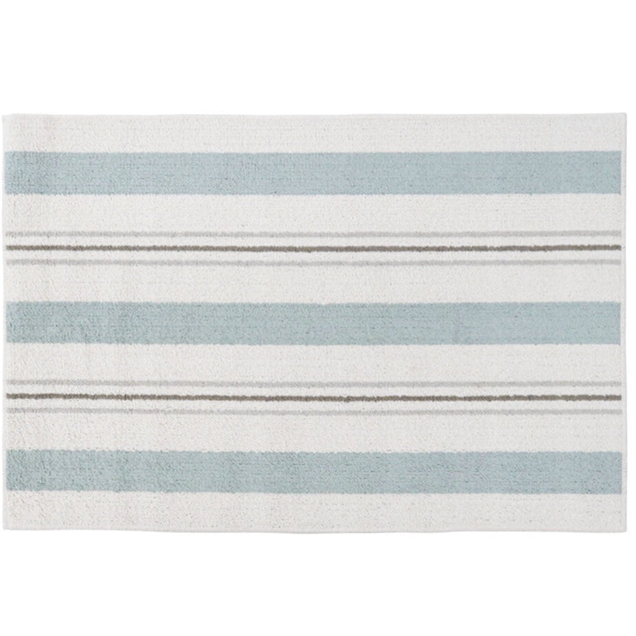 Woven Stripe Non-Slip Door Mat 60x90cm in ivory with blue and grey stripes on a timber floor.