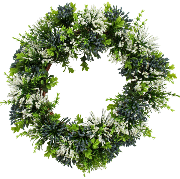 Alt text: Hamptons Burst wreath with lush green foliage and blue and white floral accents on a white background