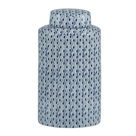 Aarna Ceramic Jar with Lid featuring an intricate two-tone blue geometric pattern and elegant ceramic finish for coastal and Hamptons interiors.