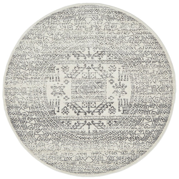Addison Silver Round Rug with distressed silver grey and ivory geometric pattern