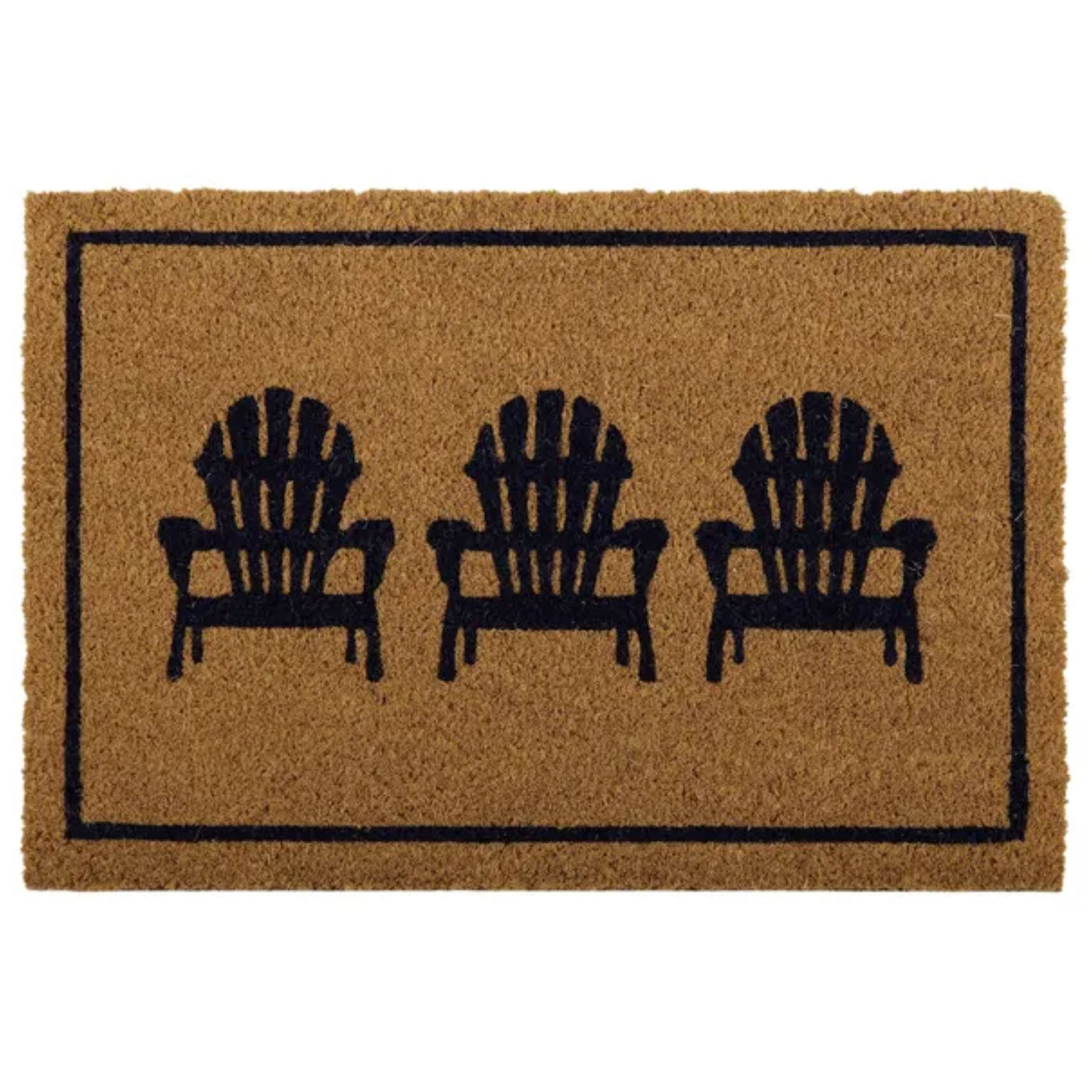 Natural coir door mat with black Adirondack chair design and durable PVC backing for coastal Hamptons entryways.