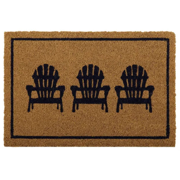 Natural coir door mat with black Adirondack chair design and durable PVC backing for coastal Hamptons entryways.