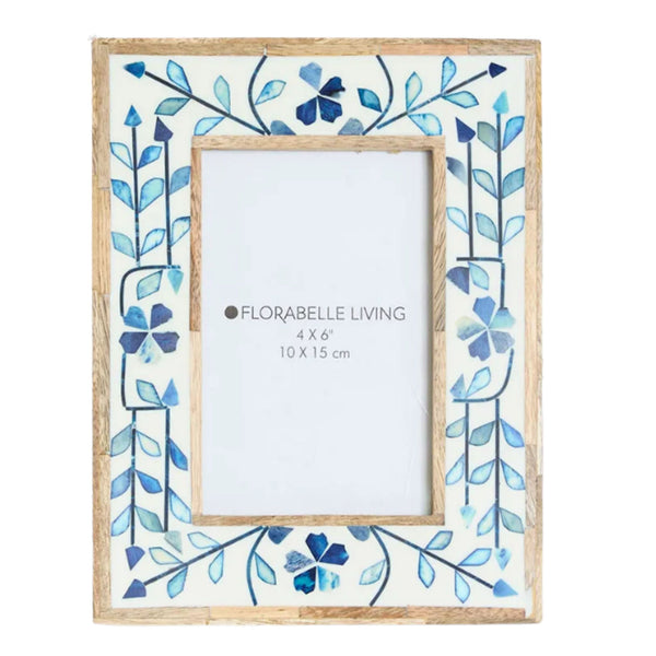 Alaia bone inlay photo frame 4x6 inch with blue floral pattern front view coastal Hamptons decor