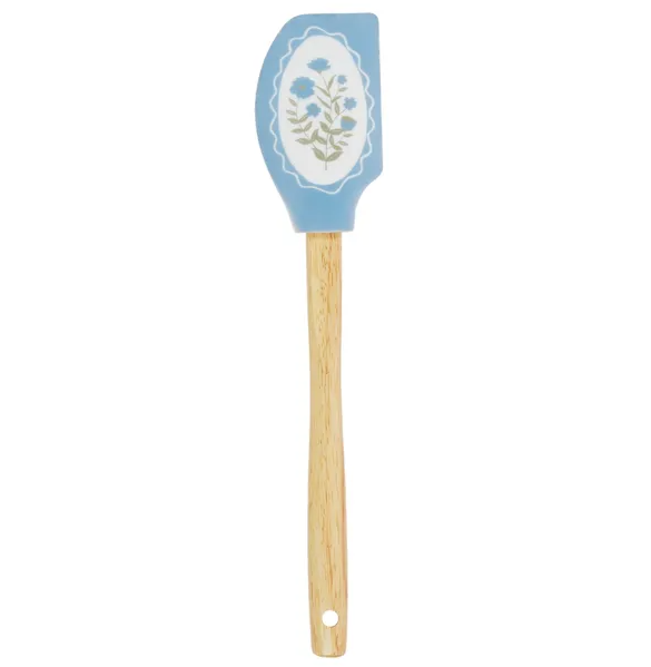 Alice Silicon Spatula with blue floral silicone head and natural wooden handle, ideal for baking, mixing and everyday kitchen preparation.