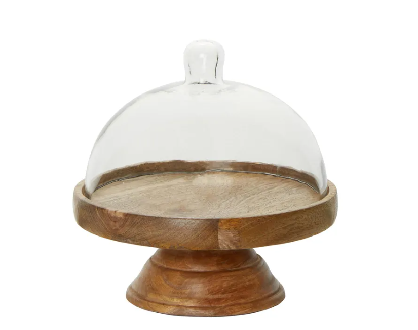 Alicia Glass Cloche Cake Cover with Wooden Base Small