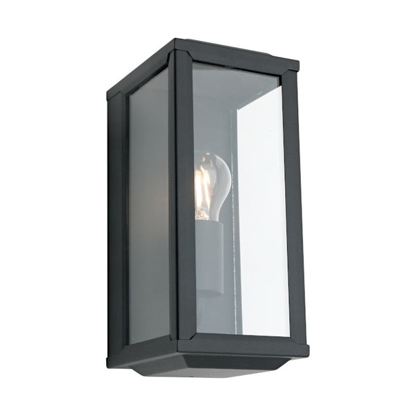 Anglesea Exterior Wall Light Black with slim rectangular metal frame and clear glass panels.