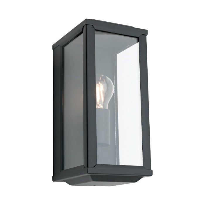 Anglesea Exterior Wall Light Black with slim rectangular metal frame and clear glass panels.