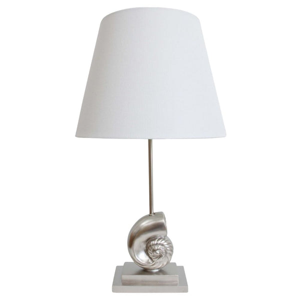 Antique Shell Lamp with silver shell base, white linen shade, and 70cm height.