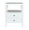 Arden White Side Table handcrafted from solid birch wood with two drawers, brass knobs and open shelf storage.
