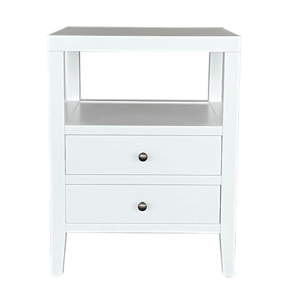 Arden White Side Table handcrafted from solid birch wood with two drawers, brass knobs and open shelf storage.
