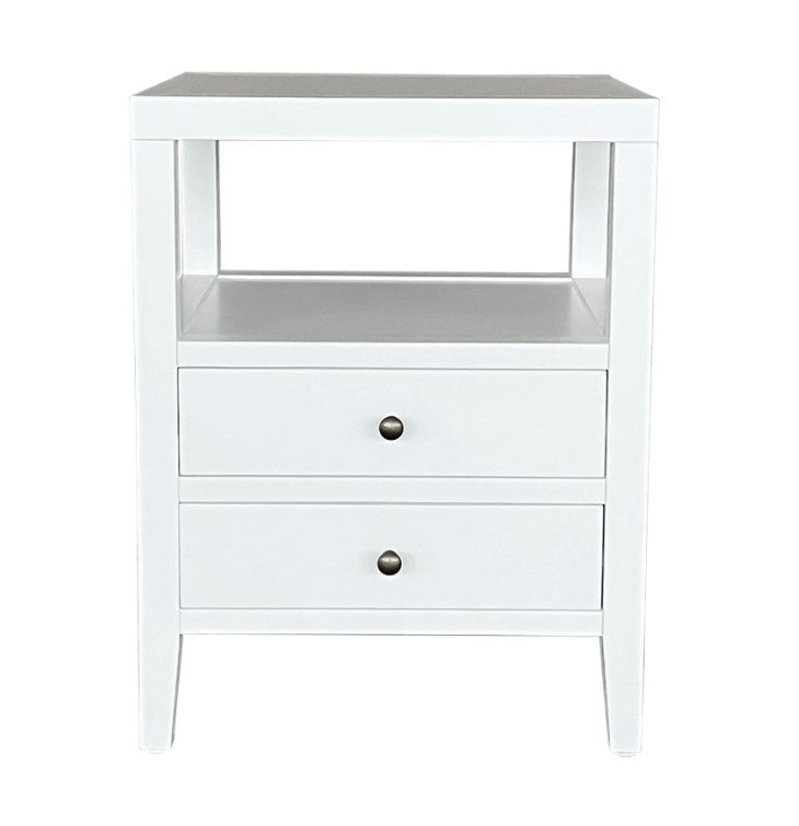 Arden White Side Table handcrafted from solid birch wood with two drawers, brass knobs and open shelf storage.
