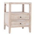 Angled view of Arden Whitewash Oak Side Table showing its natural timber grain, open storage shelf and two drawers with round metal knobs.