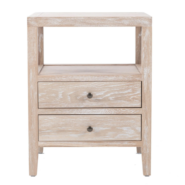 Arden Whitewash Oak Side Table 50cm featuring two storage drawers, an open shelf and a natural whitewashed oak finish.