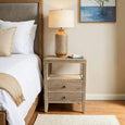 Angled view of the Arden Whitewash Oak Side Table showcasing its handcrafted construction and elegant whitewash finish.