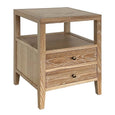 Close-up of the Arden Side Table highlighting dovetailed drawers and brass hardware.
