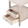 Close-up of Arden Whitewash Oak Side Table showing two open storage drawers, timber drawer construction and the textured whitewashed oak finish.
