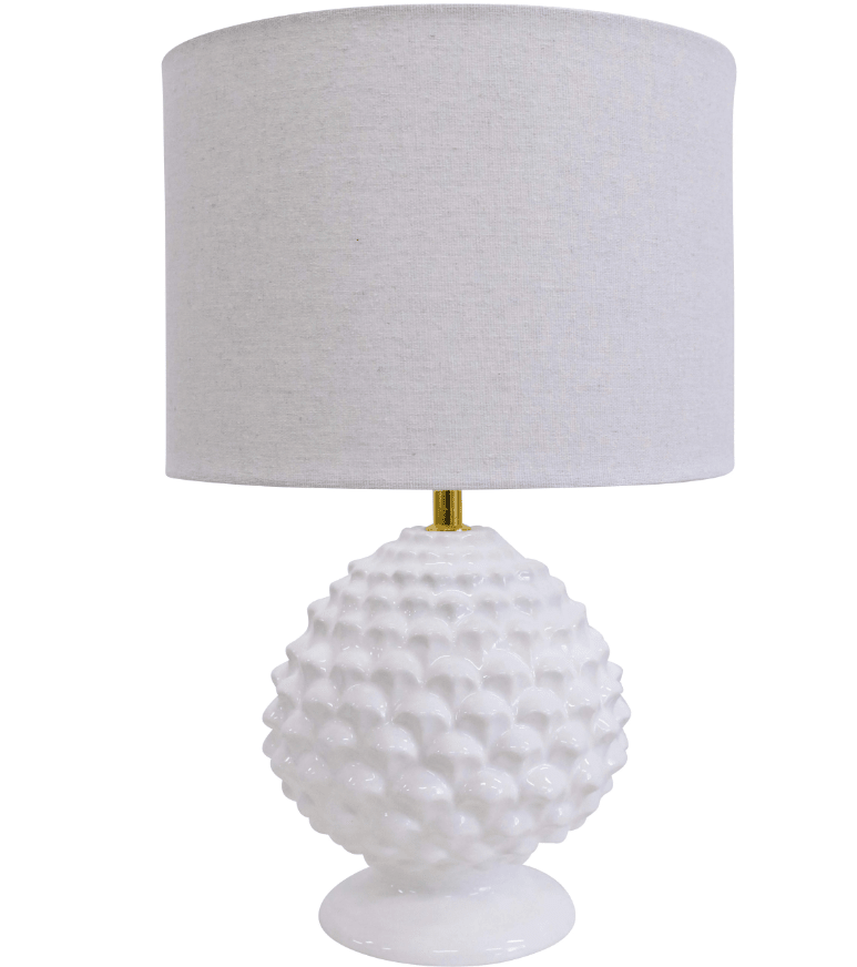Artichoke ceramic table lamp with elegant linen shade in neutral tones