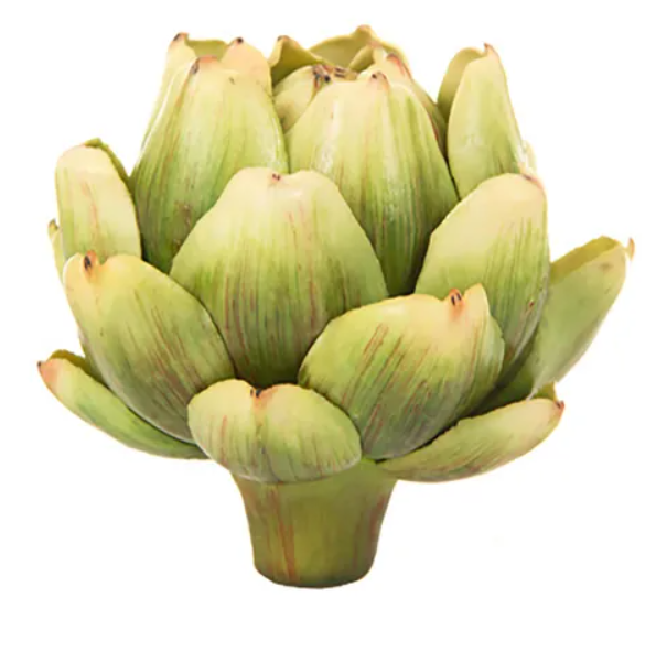 realistic artificial green artichokes styled in a deep decorative bowl on a kitchen benchtop