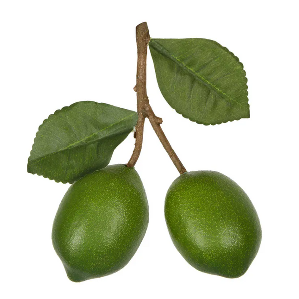 Artificial lime branch with two realistic green limes and textured leaves on a brown stem