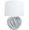 soft blue ceramic Arya table lamp with sculptural rounded base and white shade