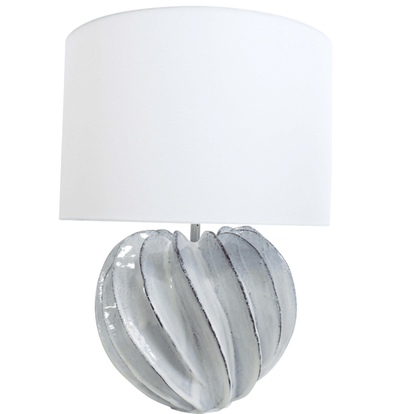 soft blue ceramic Arya table lamp with sculptural rounded base and white shade
