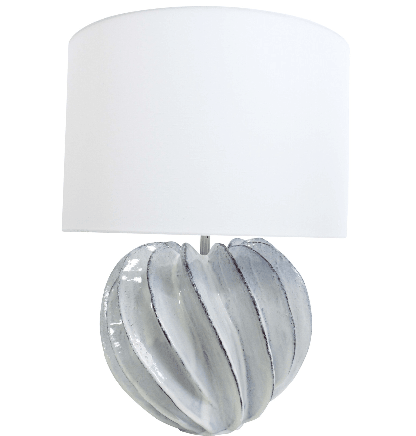 soft blue ceramic Arya table lamp with sculptural rounded base and white shade
