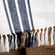 Close-up of Ascott Navy Table Runner showing woven navy stripes, white cotton ground and navy and white tasselled fringe.