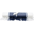 Rolled navy table runner with white edging and tassel fringe