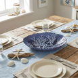 Large navy and white glass bowl with coral-inspired pattern