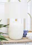 Avalon small table lamp with hand-finished textured detailing and soft linen lampshade
