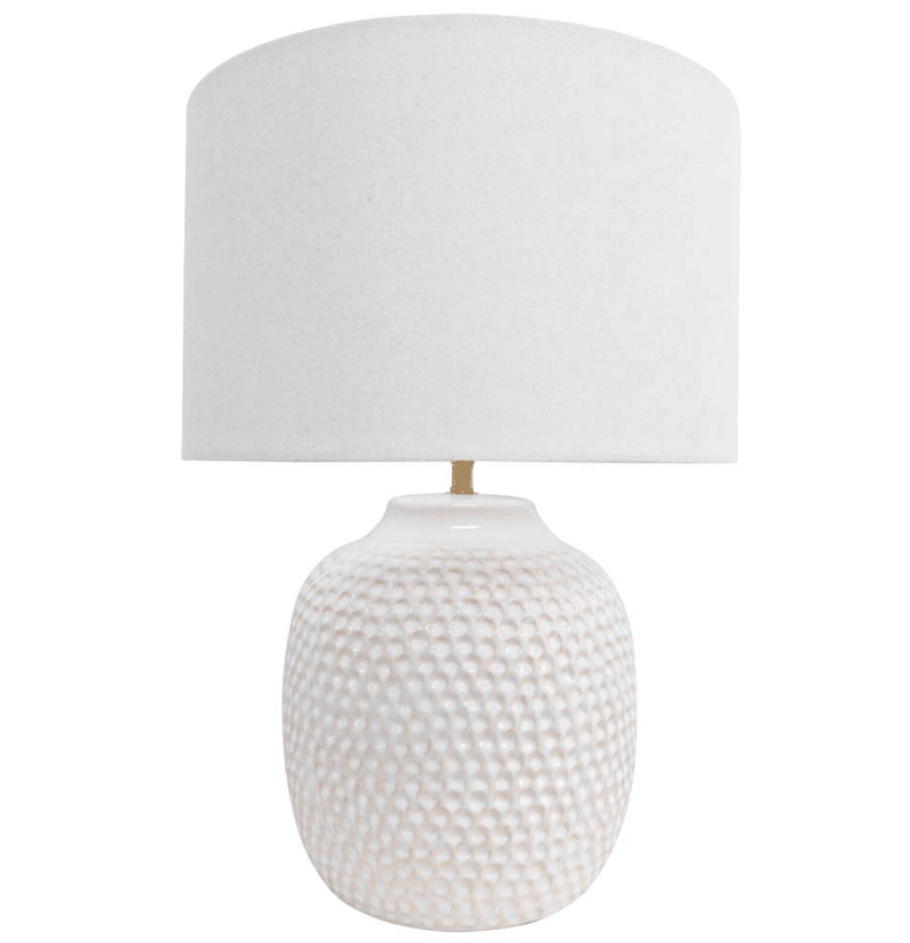 Avalon Textured Table Lamp Large featuring a barnacle-inspired textured ceramic base and white linen shade.