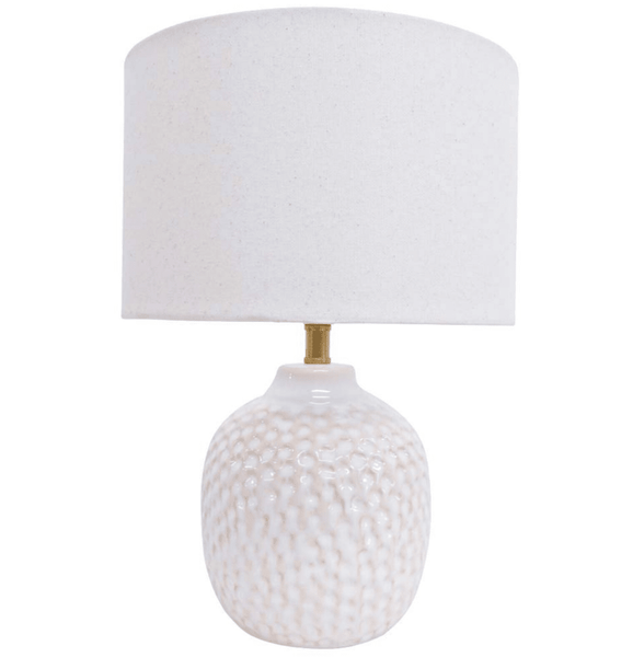 Avalon Textured Table Lamp Small with barnacle-inspired ceramic base and white linen shade
