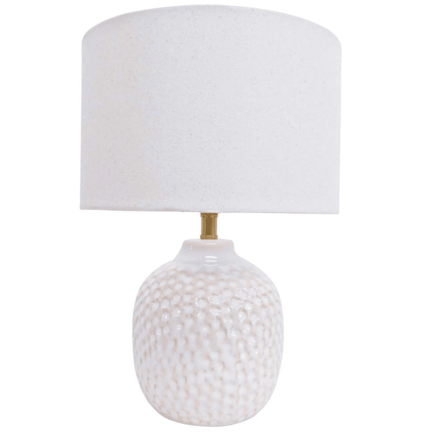 Avalon Textured Table Lamp Small with barnacle-inspired ceramic base and white linen shade
