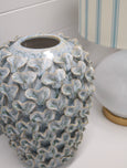 Textured blue ceramic vase with coral-inspired sculptural detailing and a glossy finish, perfect for Hamptons or coastal home styling.