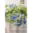 Close up of soft blue faux baby breath flowers with delicate clustered blooms