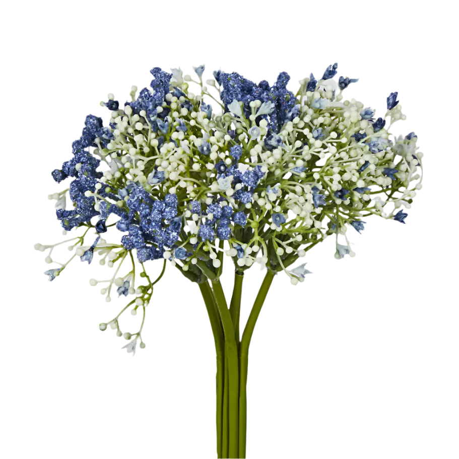 Blue artificial baby breath bouquet styled in vase with soft coastal decor