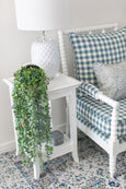 Side view of Bahamas white ceramic coastal table lamp with crystal base detail