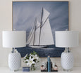 Bahamas white ceramic Hamptons table lamp styled on bedside table with coastal decor