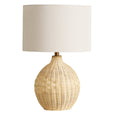 Balle rattan table lamp featuring a handwoven natural rattan base with a rounded gourd-shaped silhouette.