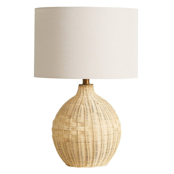 Balle rattan table lamp featuring a handwoven natural rattan base with a rounded gourd-shaped silhouette.