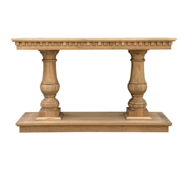 Balustrade Console Table in weathered oak with elegant turned balustrade legs in a Hamptons-style entryway.