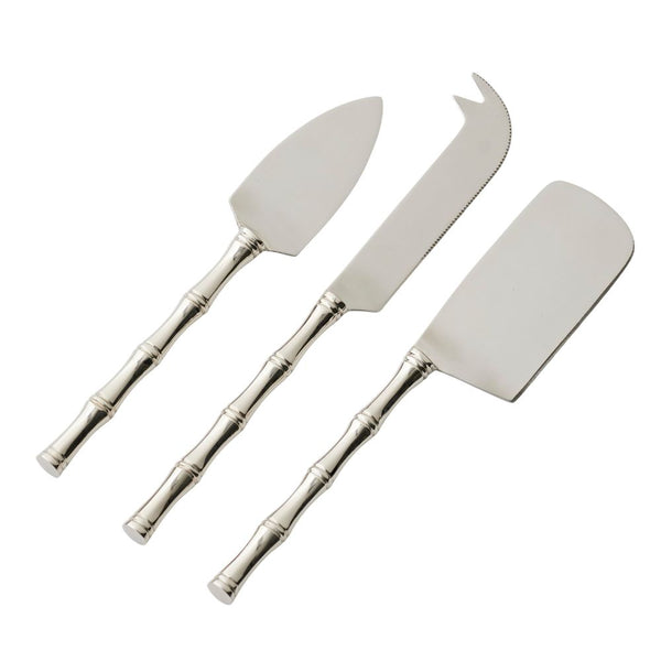 Bambury Cheese Knives Set of 3 in polished silver stainless steel with bamboo-inspired handles, presented in white gift box.