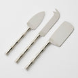 Bambury Cheese Knives Set of 3 in polished silver stainless steel with bamboo-inspired handles, presented in white gift box.