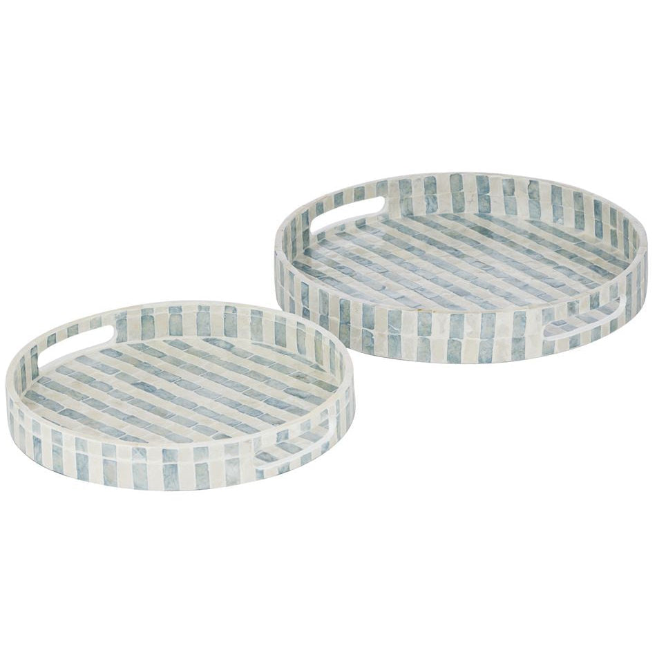 Bari Inlay Tray Blue White large 35cm round decorative tray with striped pattern and cut-out handles